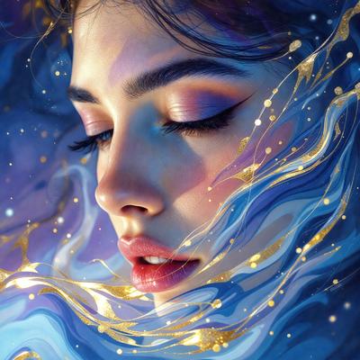 The primary subject of the image is a woman with a beautiful face, wearing makeup and a gold necklace. She is looking upwards, possibly at the sky or a light source. The setting is a blue background, which adds to the overall atmosphere of the image. The visual style is a combination of photo and digital art, creating a unique and captivating portrait. The colors and mood of the image are predominantly blue and gold, giving it a serene and elegant feel.